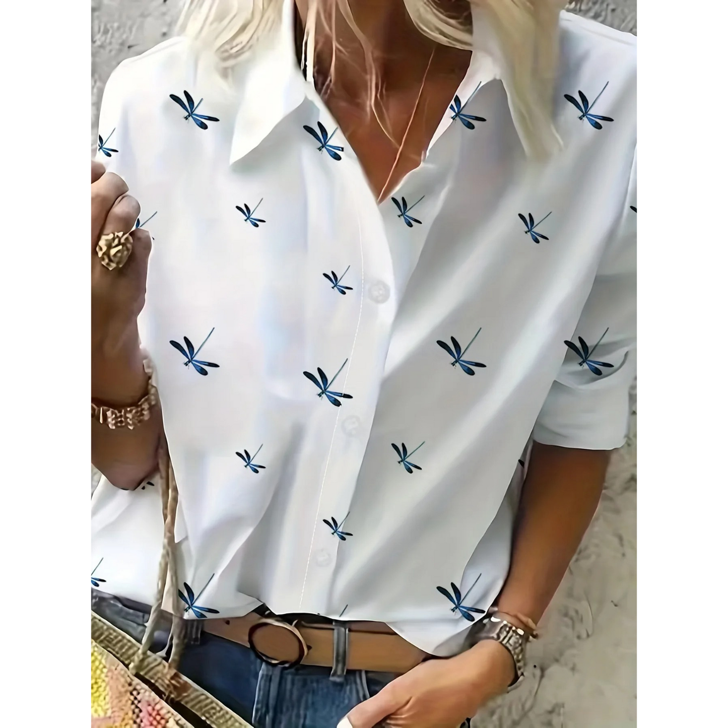 Emma | Blusa blanca floral elegante de mujer con cuello vuelto