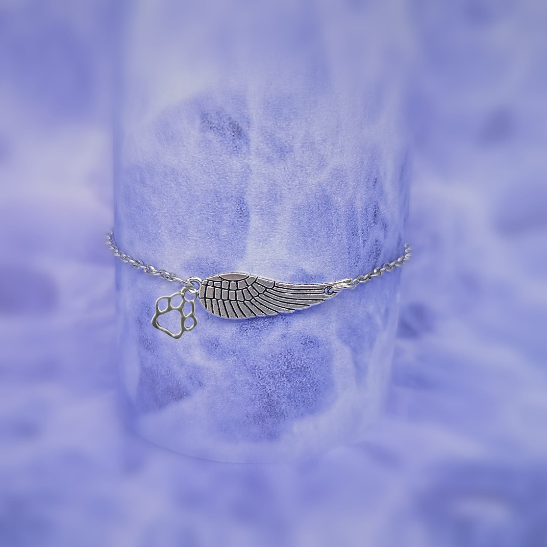Bracelet commémoratif en argent avec aile d'ange et empreinte de patte | Fait main