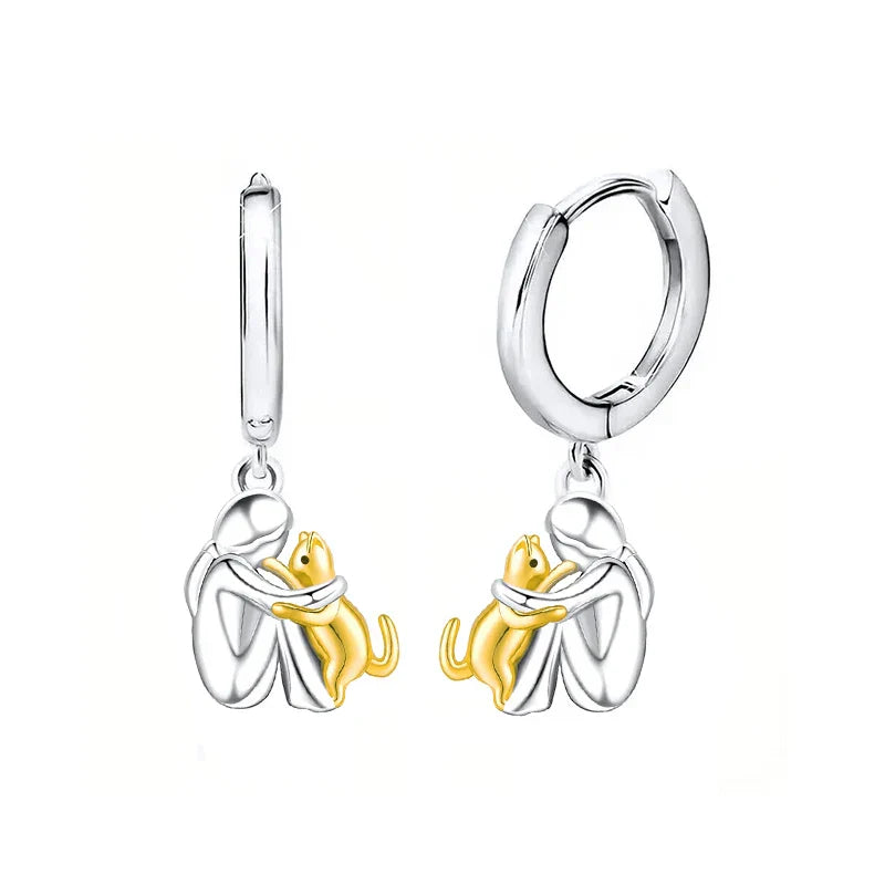 Boucles d'oreilles chat en deux tons argent et or