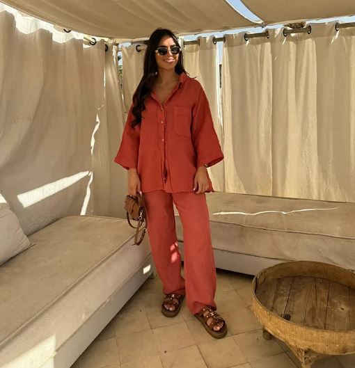 Conjunto de manga larga y pantalón en algodón de seda