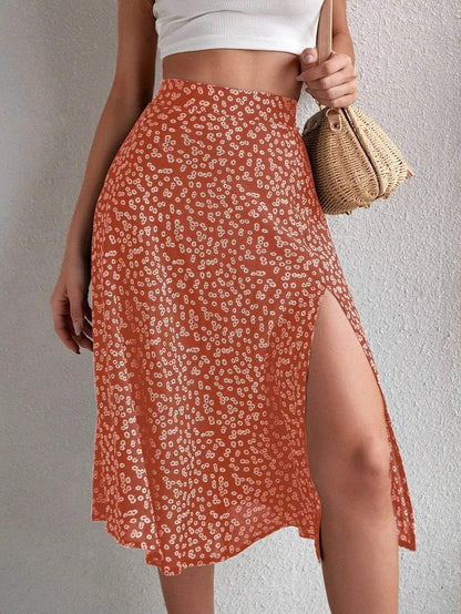 Falda Midi - Estampado floral - Cintura alta, Elegante abertura, Tejido vaporoso - Perfecta para los días de verano