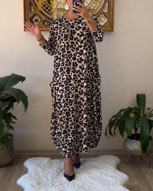 Elegante vestido con bolsillos y estampado de leopardo