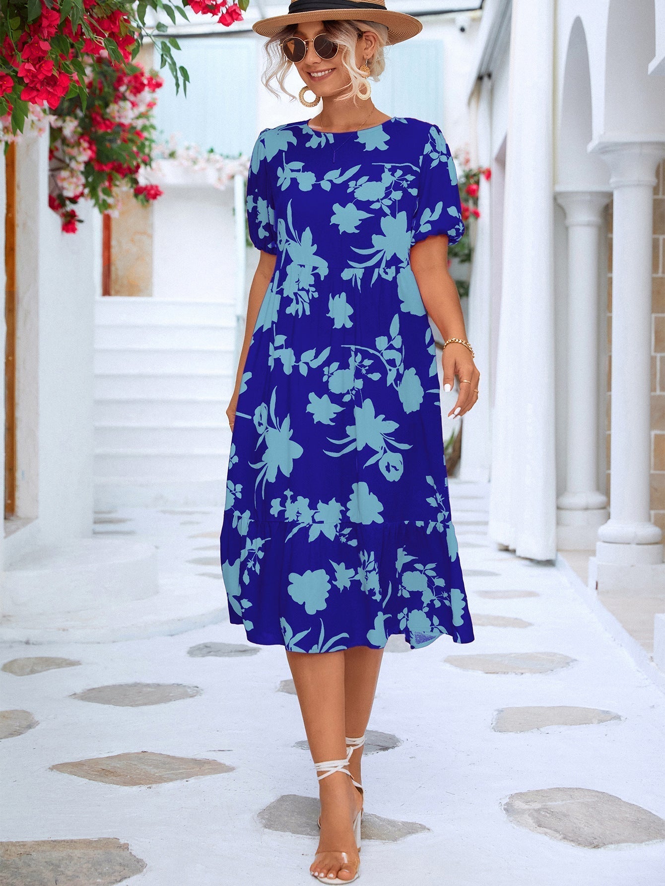 Chaya - Vestido midi floral con mangas abullonadas y bajo con volantes