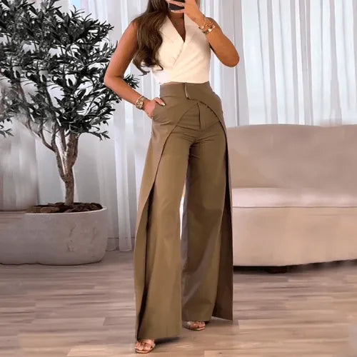 Pantalones de cintura alta para mujer con perneras anchas