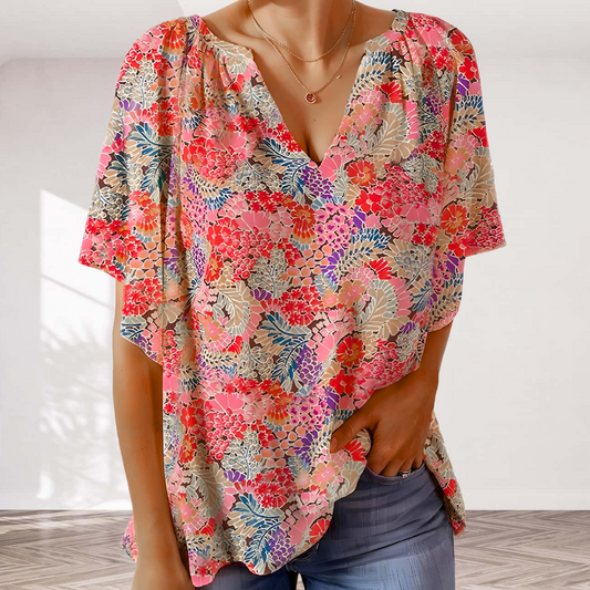 Ashley Elegante Camisa Floral Cuello en V