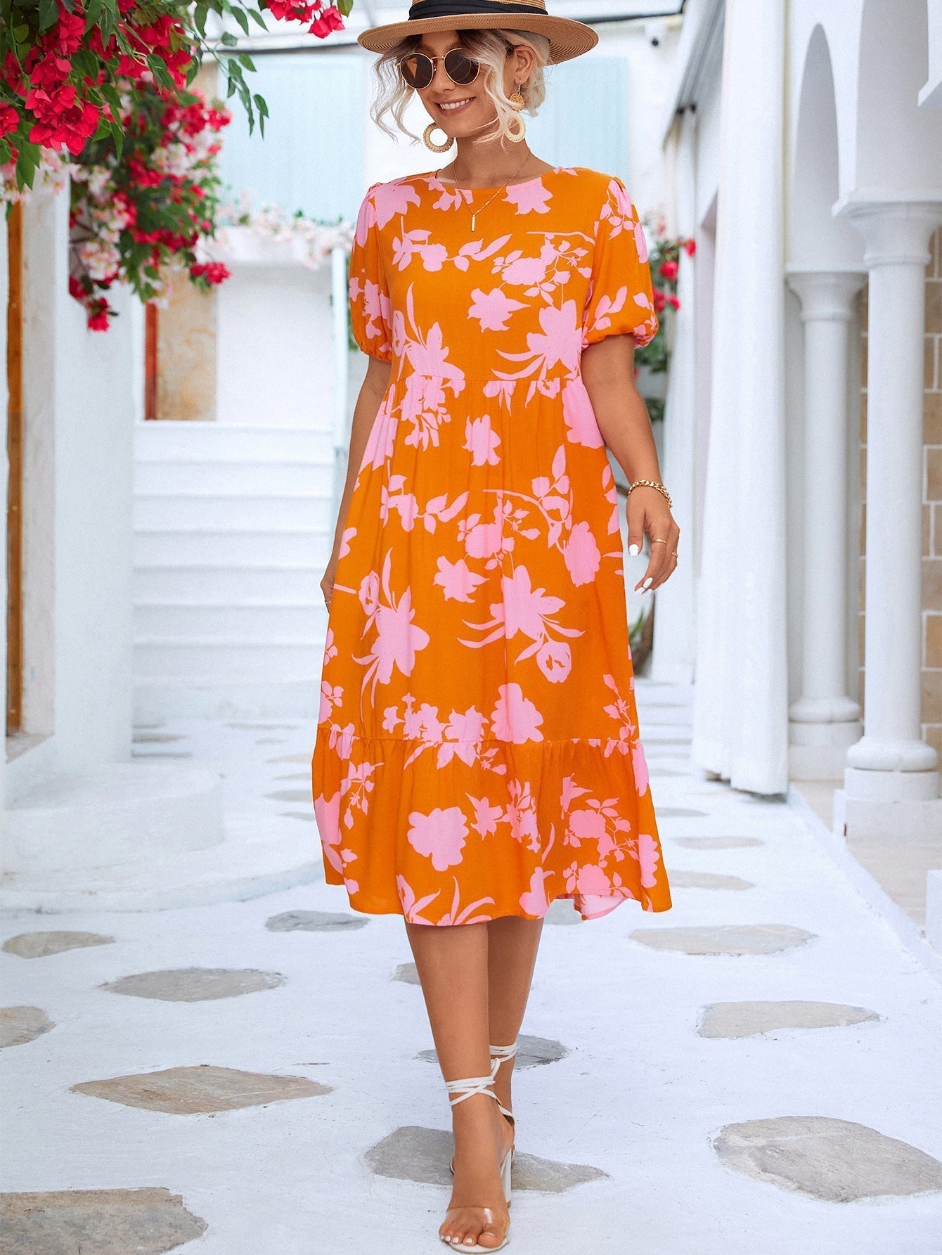 Chaya - Vestido midi floral con mangas abullonadas y bajo con volantes