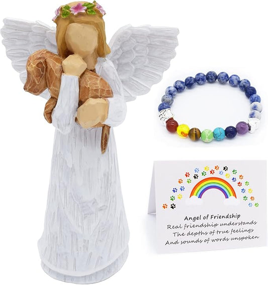 Coffret cadeau commémoratif pour chien avec figurine « Ange de l'amitié » et bracelet chakra « Rainbow Bridge »