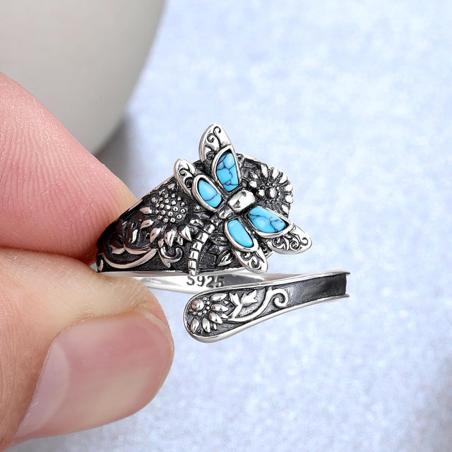 Bague cuillère en argent sterling et turquoise – Bague vintage bohème avec libellule