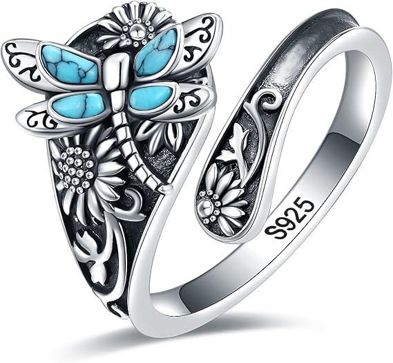 Bague cuillère en argent sterling et turquoise – Bague vintage bohème avec libellule