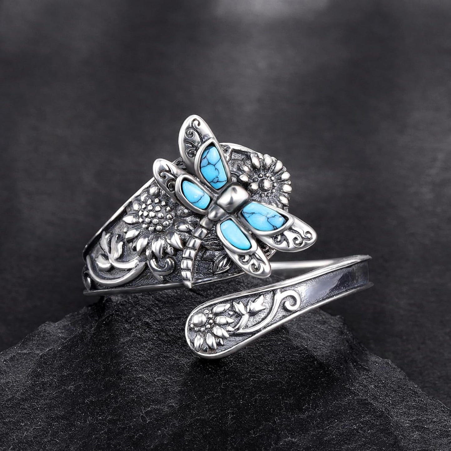 Bague cuillère en argent sterling et turquoise – Bague vintage bohème avec libellule
