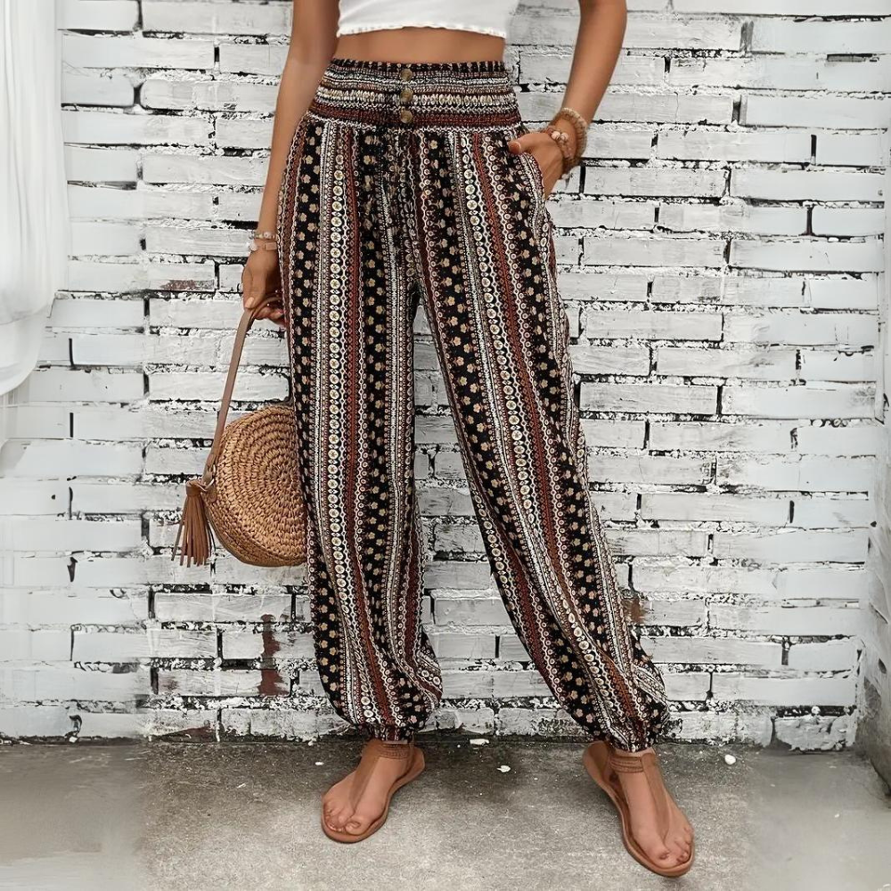 Ellie - Pantalón bohemio vintage de mujer con cintura elástica