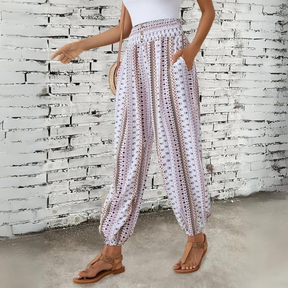 Ellie - Pantalón bohemio vintage de mujer con cintura elástica