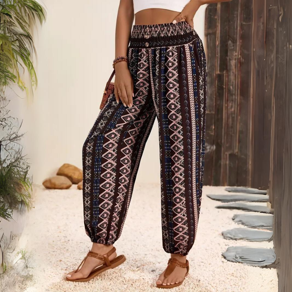 Ellie - Pantalón bohemio vintage de mujer con cintura elástica