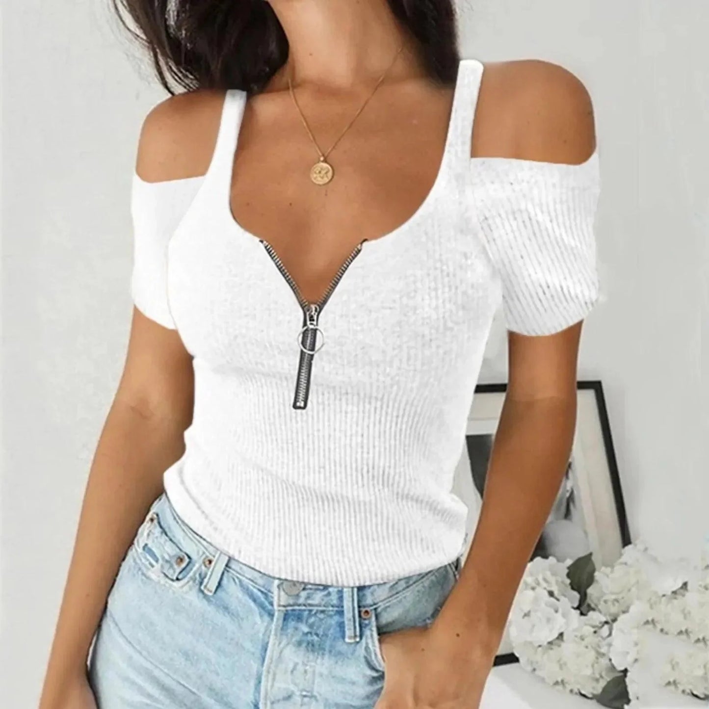 Top sin hombros - Moderno - Tejido acanalado, Cuello en V profundo con detalle de cremallera - Perfecto para ropa casual y de noche