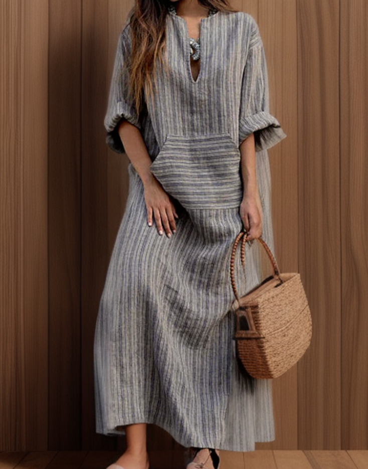 Hailey┃Vestido maxi vintage con escote a rayas