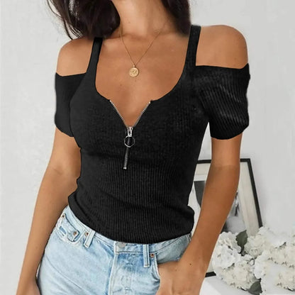 Top sin hombros - Moderno - Tejido acanalado, Cuello en V profundo con detalle de cremallera - Perfecto para ropa casual y de noche