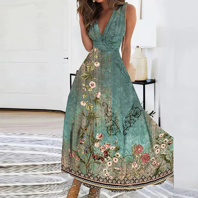 Primavera - Elegante vestido floral con escote en V