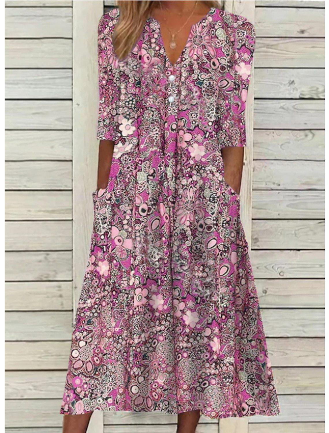 Vestido de Verano - Sofisticado - Cuello en V, Mangas Cortas, Corte Casual - Perfecto para Verano y Primavera