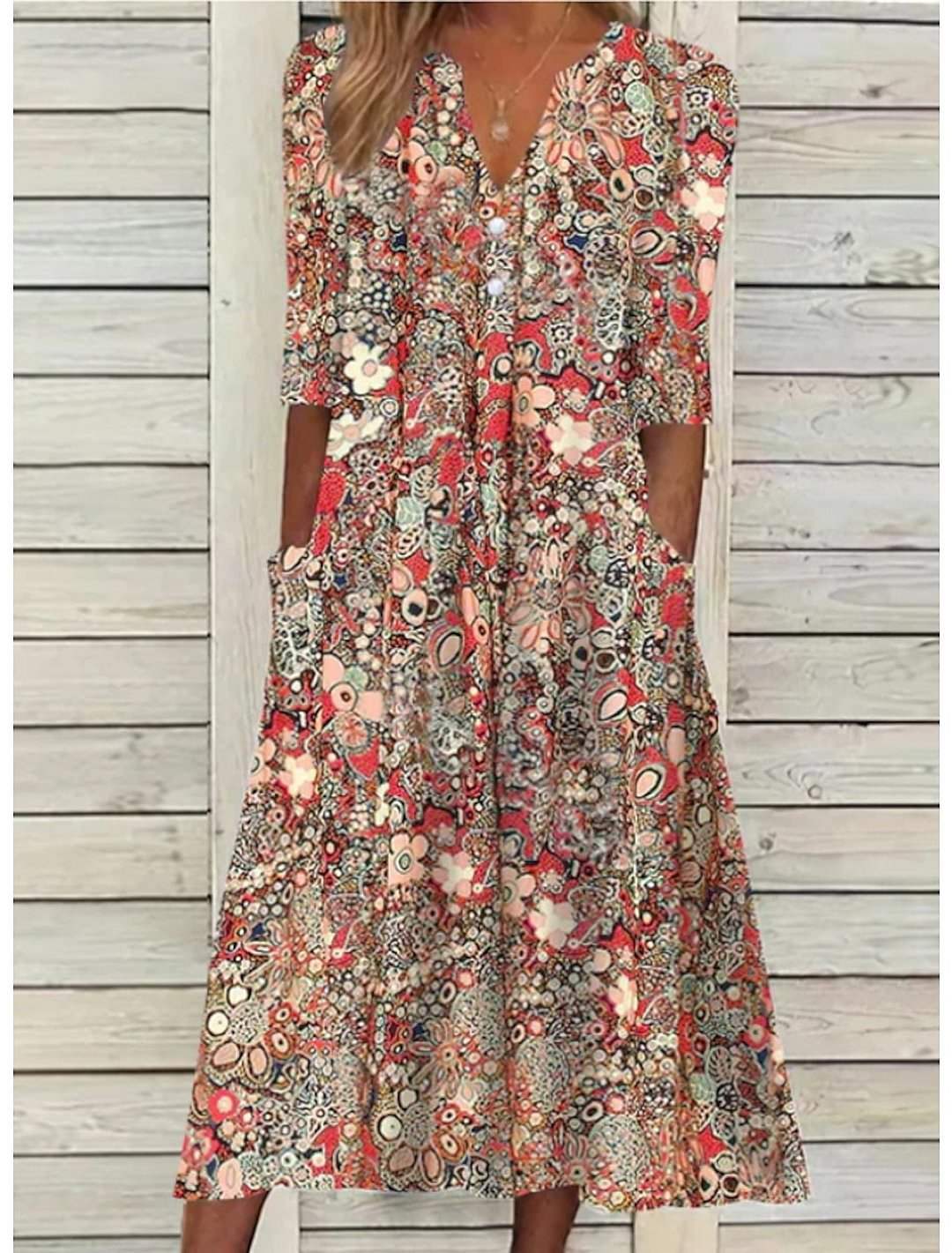 Vestido de Verano - Sofisticado - Cuello en V, Mangas Cortas, Corte Casual - Perfecto para Verano y Primavera