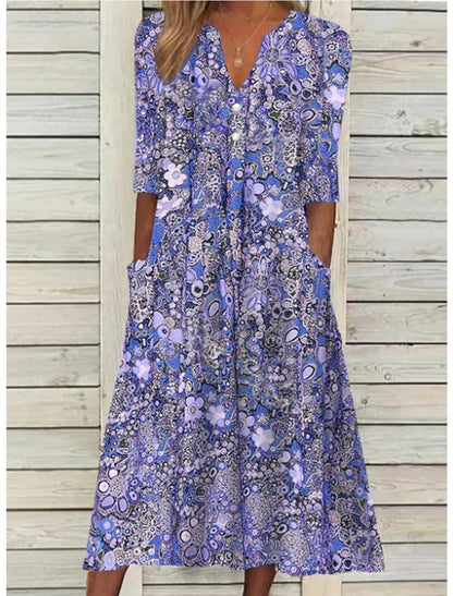 Vestido de Verano - Sofisticado - Cuello en V, Mangas Cortas, Corte Casual - Perfecto para Verano y Primavera