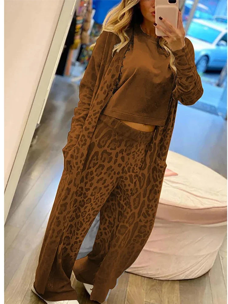 Janice - Conjunto de chaqueta de punto con estampado de leopardo, bolso de manga larga y pantalón con cintura elástica