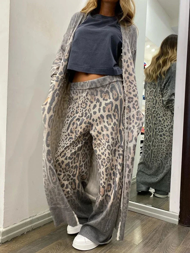 Janice - Conjunto de chaqueta de punto con estampado de leopardo, bolso de manga larga y pantalón con cintura elástica