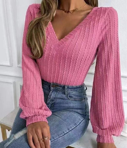 Lena - Elegante top de punto con cuello en V y manga larga para mujer