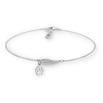 Bracelet commémoratif en argent avec aile d'ange et empreinte de patte | Fait main