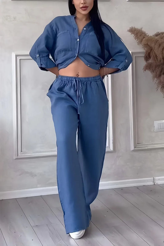 Abi - Conjunto otoñal de top y pantalón de lino para mujer