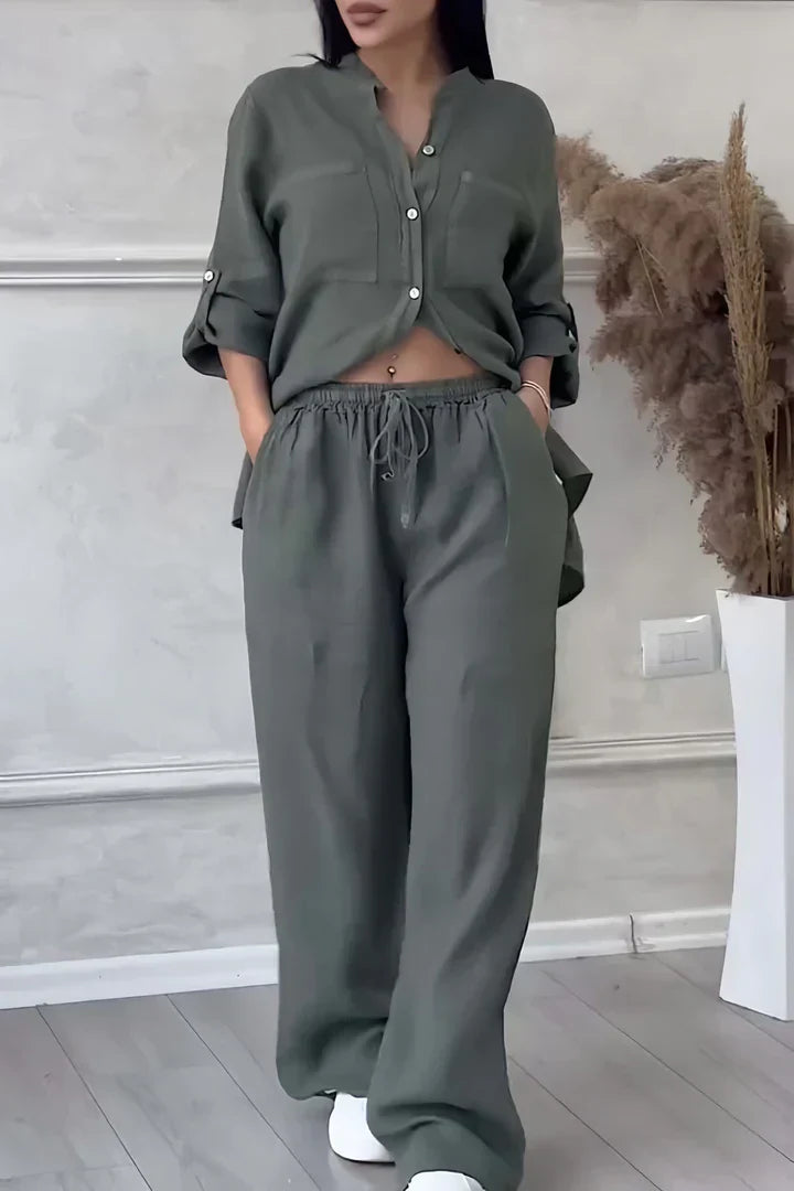 Abi - Conjunto otoñal de top y pantalón de lino para mujer