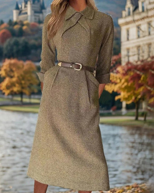 Vestido en forma de A - Elegante - Mezcla de algodón, largo midi, mangas largas - Perfecto para primavera y otoño