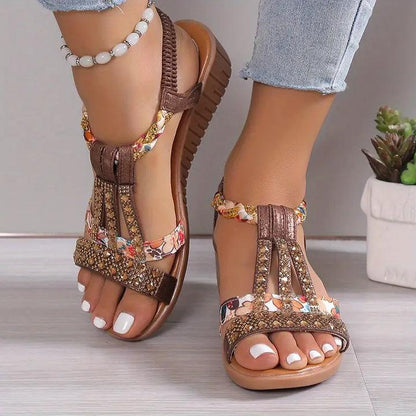 Sandalias Kandace | Sandalias de cuña boho con tira trenzada y pedrería