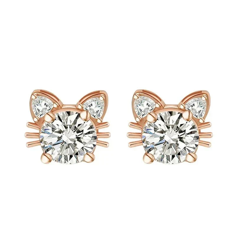 Boucles d'oreilles chat en moissanite et or rose en argent sterling 925