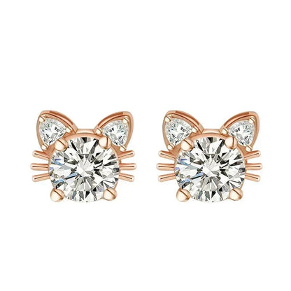 Boucles d'oreilles chat en moissanite et or rose en argent sterling 925