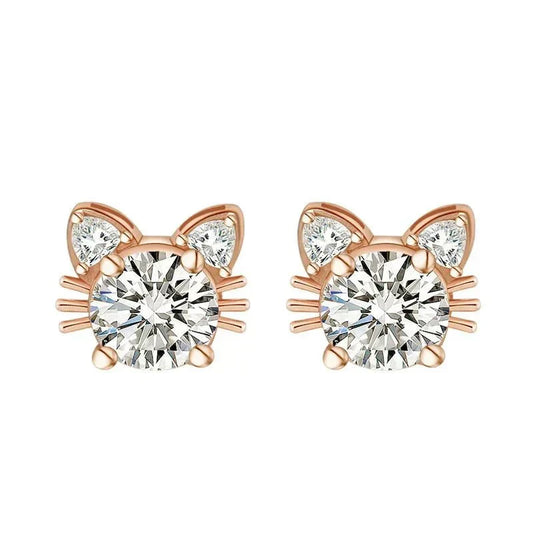 Boucles d'oreilles chat en moissanite et or rose en argent sterling 925