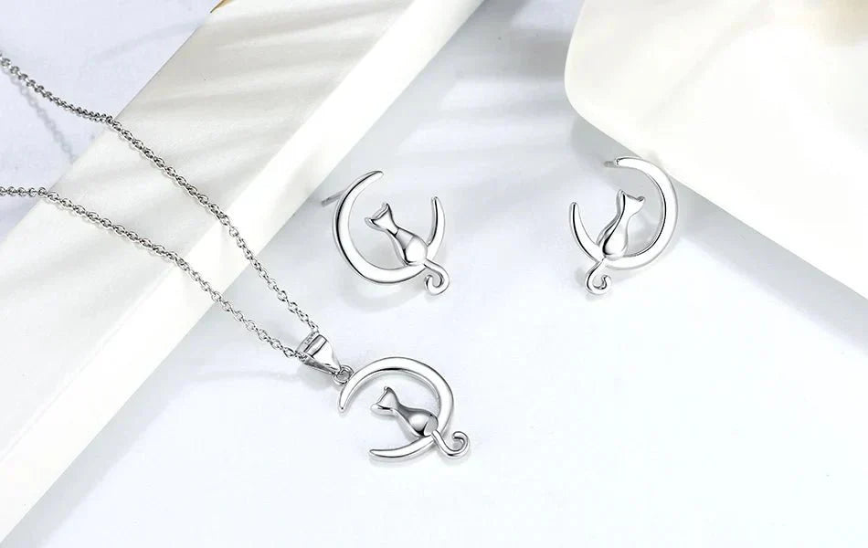Boucles d'oreilles chat en argent sterling Moon & Cat