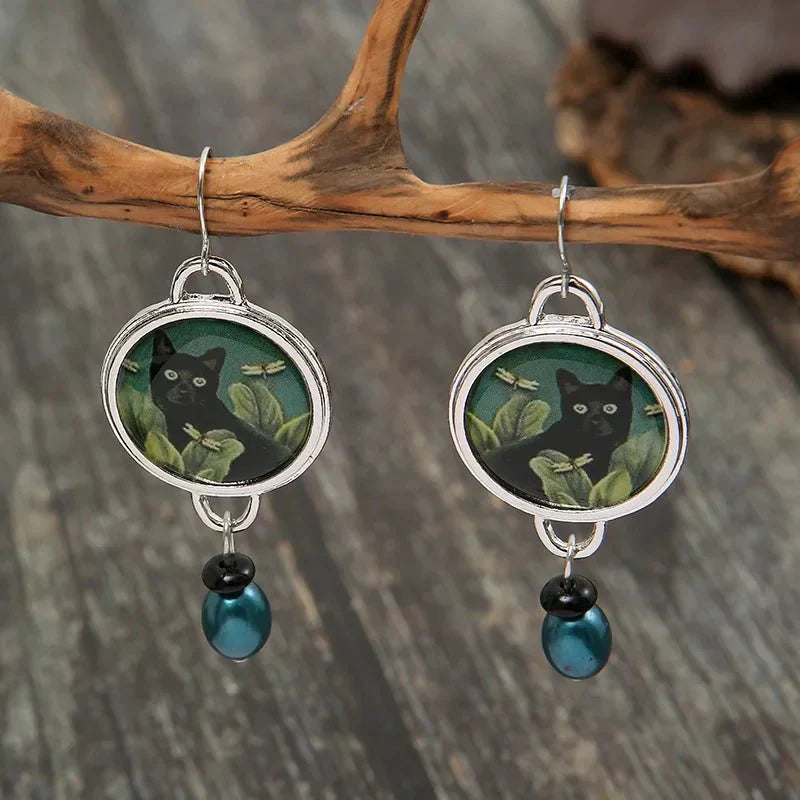 Boucles d'oreilles pendantes vintage tropicales avec chat noir