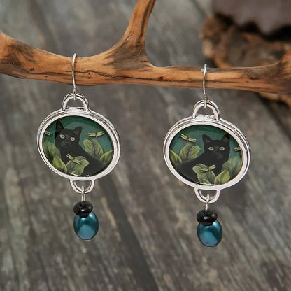 Boucles d'oreilles pendantes vintage tropicales avec chat noir